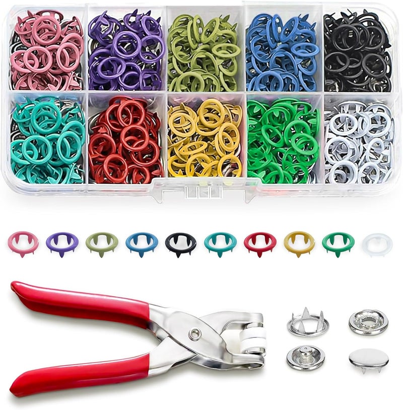 Forimaluence 200 Sets Metal Snap Buttons with Fastener Pliers Press Tool Kit,Multicolor Mixing Hollow Sewing Snaps for Fabric,Prong Snap Button Kits for DIY Crafting Clothing Sewing (9.5mm / 800 PCS) - Image 1